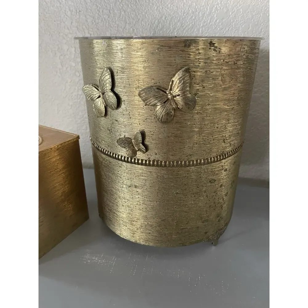 Vintage Stylebuilt 24kt Gold Plated Tissue Box Cover & trash can 3D Butterflies